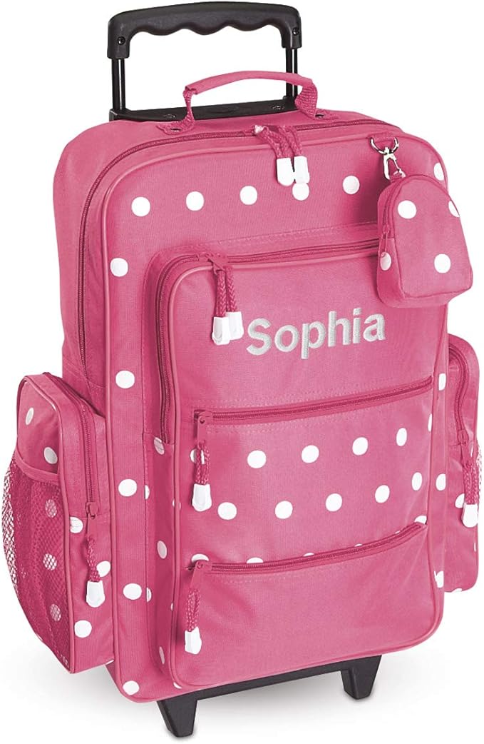 Lillian Vernon Personalized Personalized Kids Suitcases for Girls, 5-Pocket Pink Polka Dot Design Rolling Luggage Set, Customizable Travel Carrier on Wheels