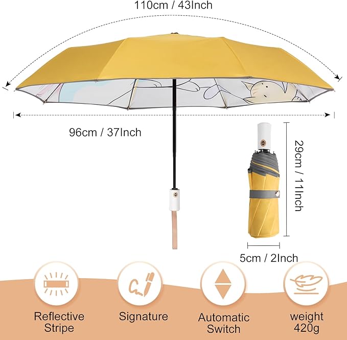 Kids Umbrella for Boys Girls, Yellow Cute Cartoon Automatic Folding Travel Umbrella with Reflective Stripe, Double Canopy Waterproof, 8 Ribs Windproof, Compact Rain Gear