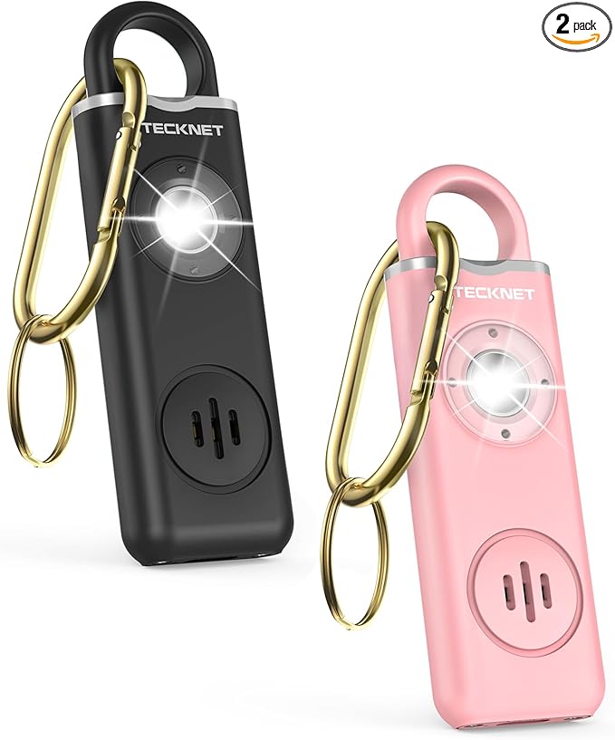 TECKNET Rechargeable Personal Safety Alarm for Women, 2-Pack 130dB Personal Alarm with SOS Strobe Light, Low Battery Notice, Keychain Alarms Loud Siren for Girls Kids Elderly