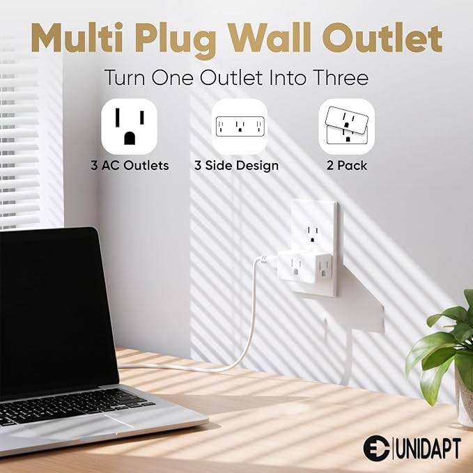 Unidapt Multi Plug Outlet Extender 2 Pack - 3 Way Wall Outlet Splitter, Cruise Ship Essentials Power Plug Adapter, Compact Travel Wall Tap Expander, Flat Angled Design, Home, Office, Dorm - White
