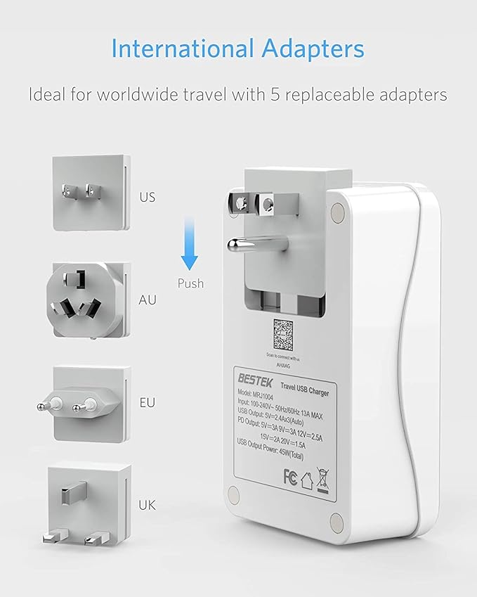 BESTEK Travel Adapter PD 35W, Universal Power Adapter 1 USB C 3 USB A, International Plug Adaptor Worldwide Outlet for US to European UK Spain - for Laptop, Phone, Camera