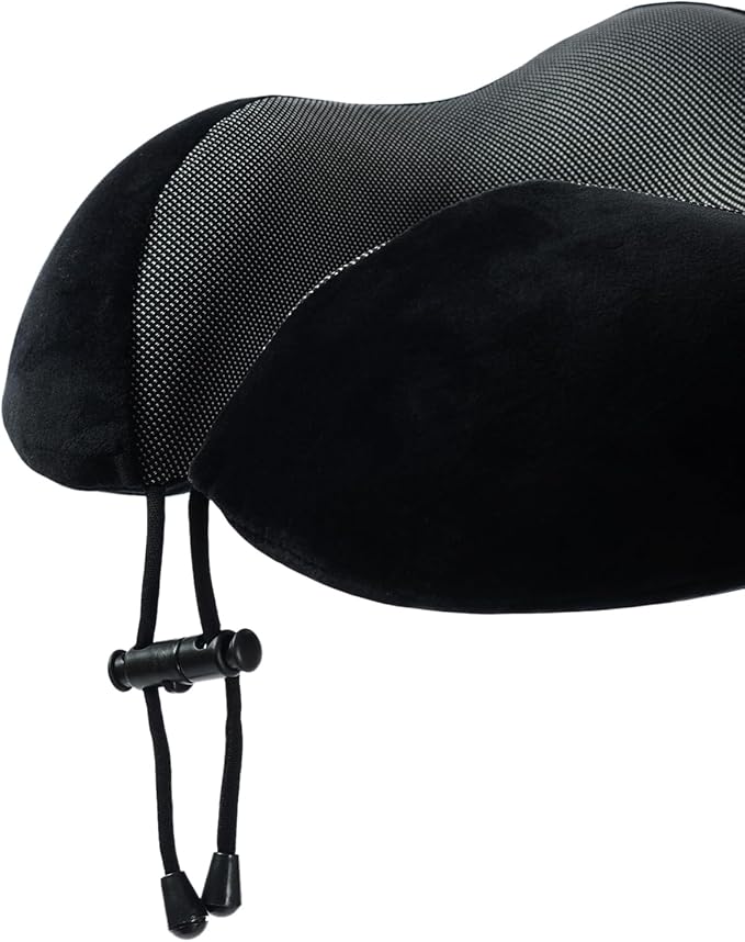 Memory Foam Travel Pillow, Neck Pillow with 360-Degree Head Support, Comfortable Ideal for Sleeping on Airplane, Car, Train, Bus and Home Use, Comes with Storage Bag (Black)