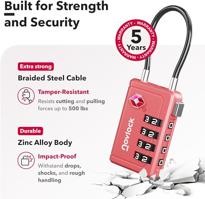 Luggage Locks TSA Approved with Inspection Indicator and Resettable 4-Digit, Easy-to-Read Combination, TSA Locks for Luggage, Suitcases, Backpacks & Travel Bags, Pink, 2-Pack