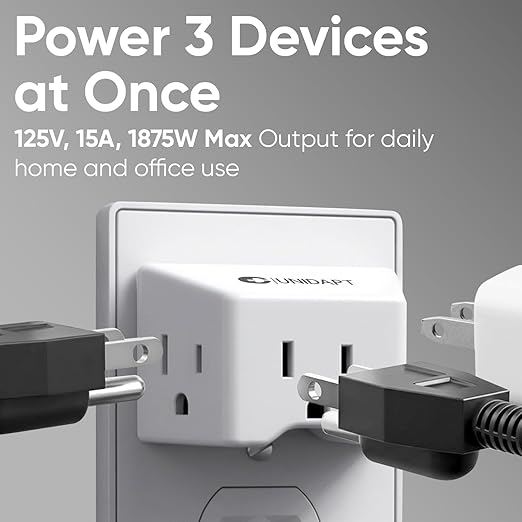Unidapt 2 Prong to 3 Prong Outlet Adapter, 3 AC Outlet Wall Plug Extender, Polarized Plug for Non-Grounded Outlet in Old House, 1875W/15A, Cruise Essentials, 2 Pack