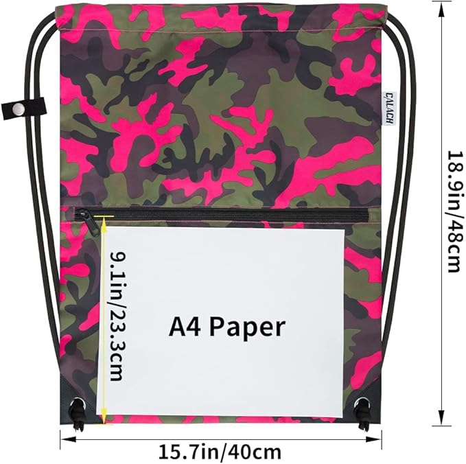 draw string back bag, Large Gym Sports string backpack for men and women with front zipper pocket and inside zipper pocket to keep key or phone(Pinkgreen camo)