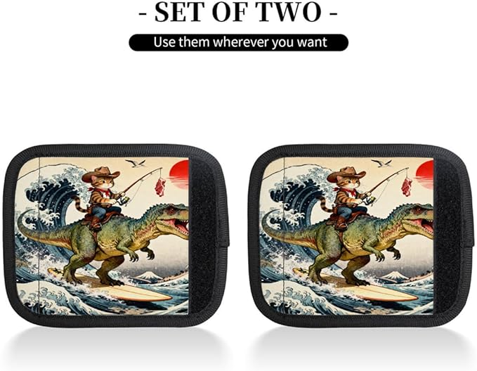 2 Pack Luggage Handle Wrap with Travel Tags - Non-Slip Protective Cover Soft Handle Grips Covers for Suitcase(Funny Cat Dinosaur Fishing)