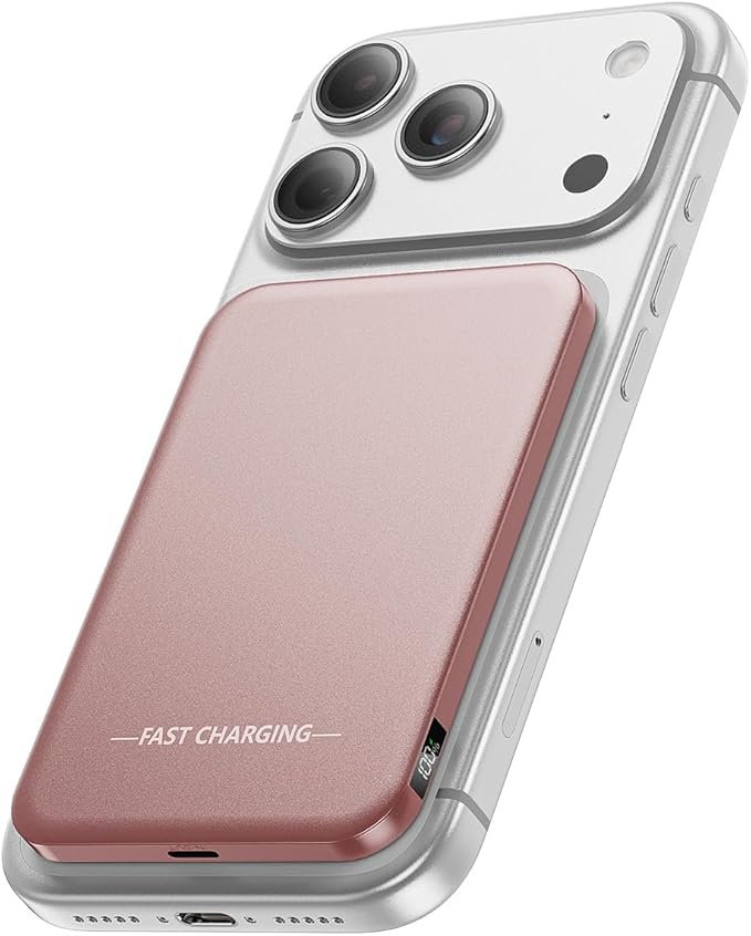 Aobbow Magnetic Portable Charger, 5000mAh Ultra Slim Power Bank, 15W Fast Charging for Magsafe Battery Pack, Travel Essential Wireless Charger Compatible with iPhone 17/16/15 Series - Rose Gold