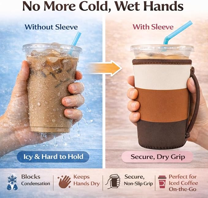 KJQJLY 3 Pack Reusable Iced Coffee Sleeves for Iced Coffee Cups or Drinks Reusable Neoprene Insulated Sleeves for Hot and Cold Drinks from Starbucks, Dunkin, And More (Mocha Brown)