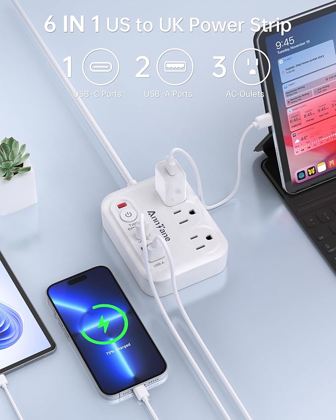 UK Travel Plug Adapter with USB C, 6FT Extension Cord, US to UK Ireland Plug Adapter Type G Travel Adapter with 3 Outlets 3 USB Ports for Scotland London England British Irish Kenya Dubai Travel