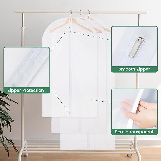 Carbrea Translucent Garment Bags for Hanging Clothes - Frosted Clothes Storage Bags for Suits, Dresses, Closet Storage - 10 Pack