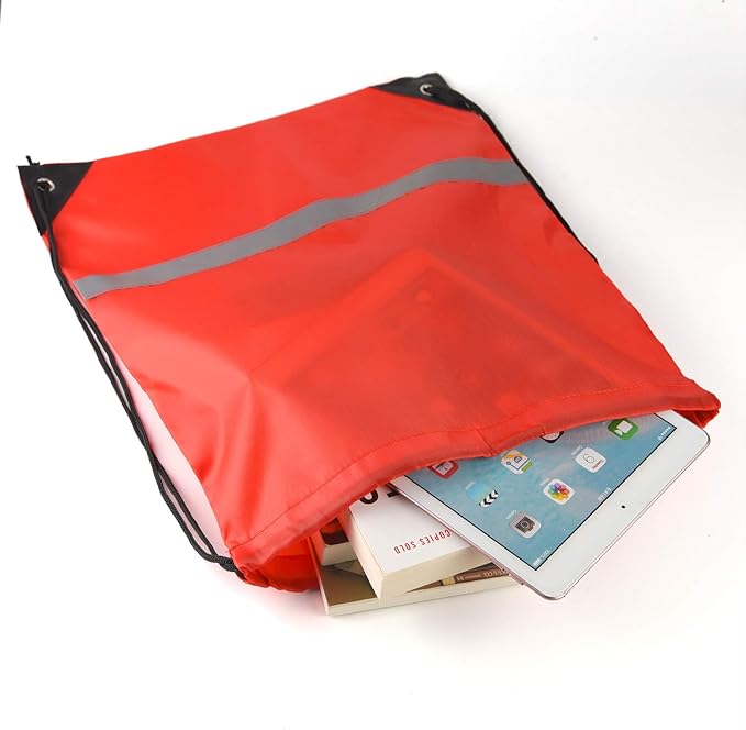 KUUQA 12 Pcs Red Drawstring Backpacks with Reflective Strips - Polyester, 15.7" x 13.4", Ideal for Yoga, Sport, Travel