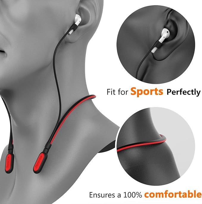 Compatible Airpods Strap, Silicone Anti-Lost Strap Wire Cable Connector Sports Neckband Compatible for Airpods Pro 3/2/1, Airpods 4, 3, 2, 1, Black with Red