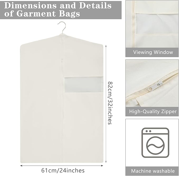 Aliceset Cotton Garment Bags for Hanging Clothes, Canvas Suit Bags for Clothes Coats Jackets Shirts Closet Storage Travel Gusseted Hanging Garment Cover(6 Pcs,32 Inches)