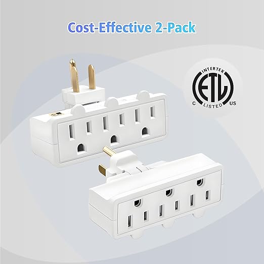 3 Plug Wall Adapter, 2-Pack 3 Outlet Adapter Grounded 180 Degree Swivel Wall Plug Outlet, UL Listed Rotating Outlet Extender, Electrical Plugs 3 Prong for Home Office School Dorm