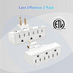 3 Plug Wall Adapter, 2-Pack 3 Outlet Adapter Grounded 180 Degree Swivel Wall Plug Outlet, UL Listed Rotating Outlet Extender, Electrical Plugs 3 Prong for Home Office School Dorm