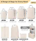 Gonex 10 Set Compression Packing Cubes, Expandable Storage Travel Bags for Suitcase, Luggage Organizers with Hanging Toiletry Bag Laundry Bag Shoe Bag Accessories Bag (Cream)