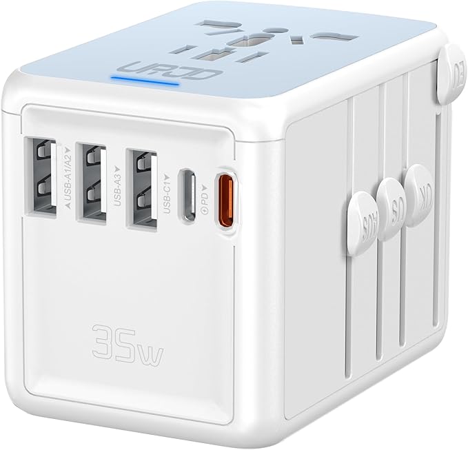35W PD Universal Travel Adapter with 5 USB Ports + 2500W AC Outlet, Portable International Travel Adapter for Europe 200+ Countries, Compact Travel Charger for Cruise Vacation Business Trip