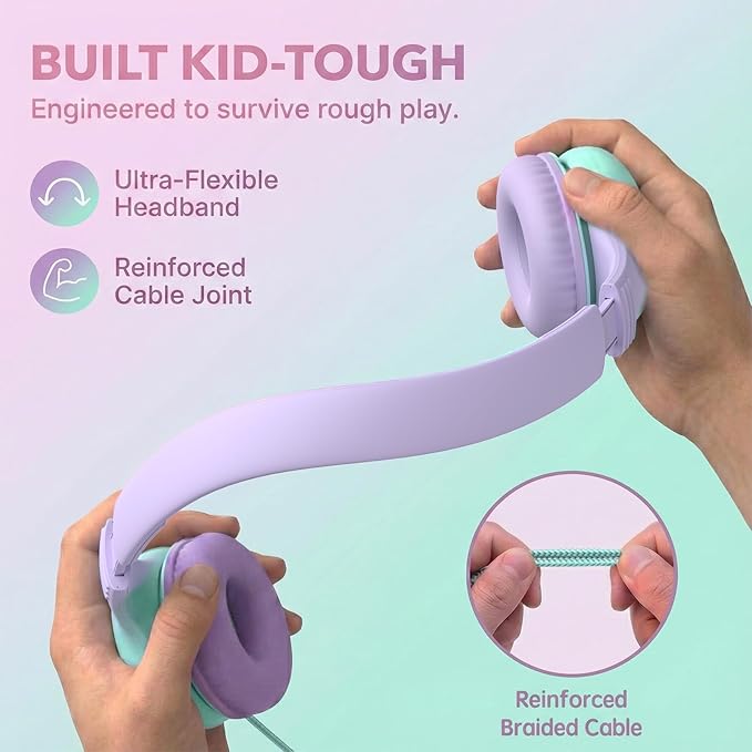 ADOOPE Wired Kids Headphones with USB C Plug, 85dB Safe Volume, Adjustable Headband, Tangle-Free Cord Headphones for School, Tablet, Travel (Lavender & Mint Green, Without Microphone)