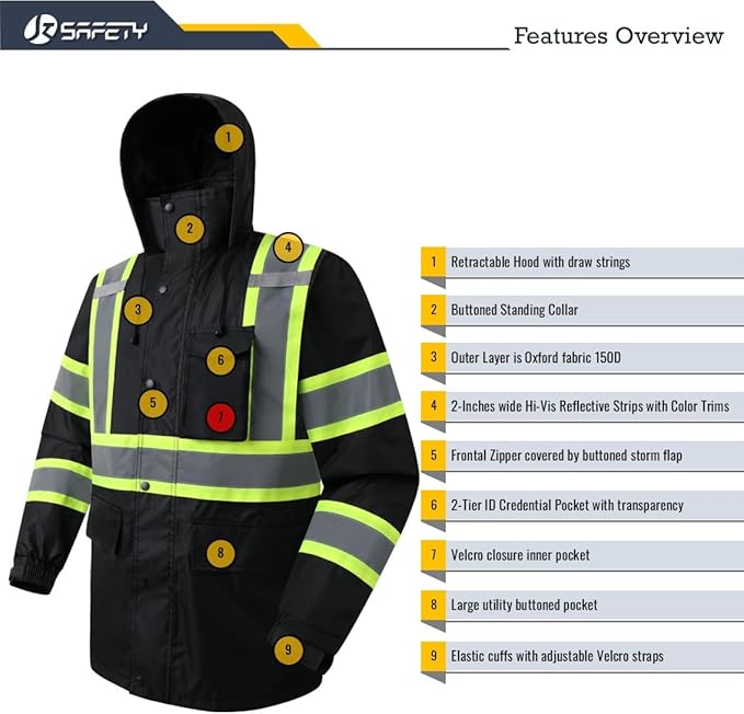 JKSafety Hi-Vis Reflective Safety Rain Jacket for Men Women Waterproof Rain Gears for Farming Fishing Work HV Rain Jacket with Inner Mesh Lining and Pockets (117A-Black 3XL)