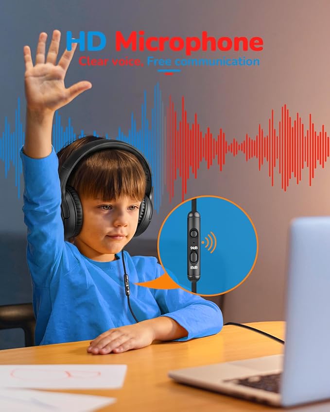 awatrue Kids Headphones for School Travel, 85/94dB Safe Volume Limit, 3.5mm Jack, HD Mic, Portable Wired Headphone with Shareport, Stereo Sound On-Ear Headphones for Toddler Kids Girls Boys Black