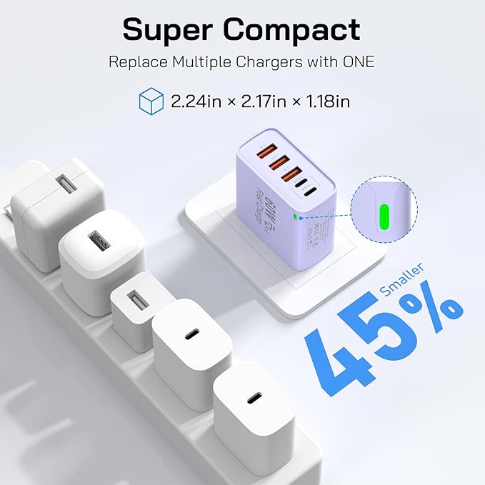 2Pack USB C Fast Charger Block, Total 60W 5-Port USB C Wall Charger 30W Type C Charging Block, 2USB C+3USB A PD 3.0 Multiport Charging Cube for iPhone 17 16 15 14 Pro Max, G-alaxy S26 S25 Ultra, i Pad
