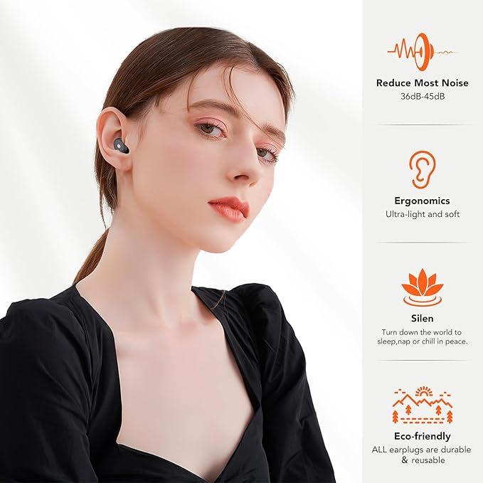 Ear Plugs for Sleeping Noise Cancelling, 45dB Soft Earplugs for Concert, Reusable Ear Plugs for Noise Reduction with Case & 8 Eartips, for Sleeping, Concert, Working, Studying, Traveling (Black)