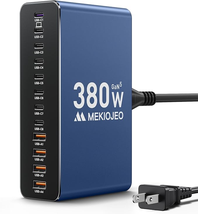 MEKIOJEO 12 Ports Aluminum Alloy 380W Charging Station Fast USB C Charger Block 65W Laptop GaN Charger for MacBook Pro/Air/iPad Pro/iPhone (Blue)
