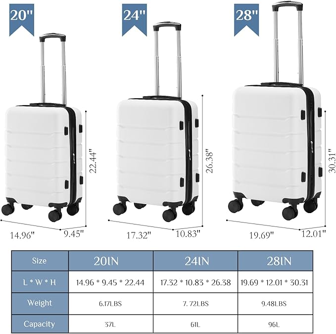 OLIXIS 3-Piece Luggage Set, Carry On Suitcases with Spinner Wheels, Expandable Travel Luggage with TSA Approved Lock & ABS Hard Shell, White, 20/24/28 Inch