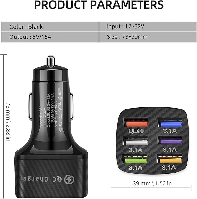 Amiss Car Charger Adapter, 6 USB Multi Port, Fast Charger, Include QC 3.0 and 5 Other Ports, Car Interior Accessories, Fit for iPhone 13/12/11/pro, Samsung Galaxy/Note S10/S9/S8, Android - Black