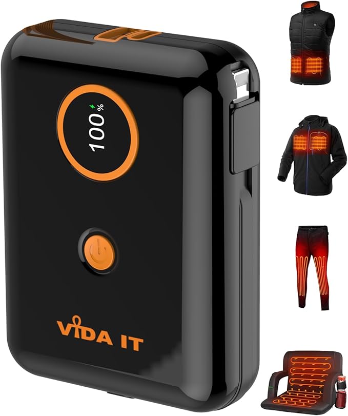 5V 2A Power Bank for Heated Jacket, Heated Vest Battery Pack 10000mAh Portable USB Charger, Power Pack for Heated Stadium Seat Chair, Mobile Phone Charger for iPhone Android with Built-In Cable Fast