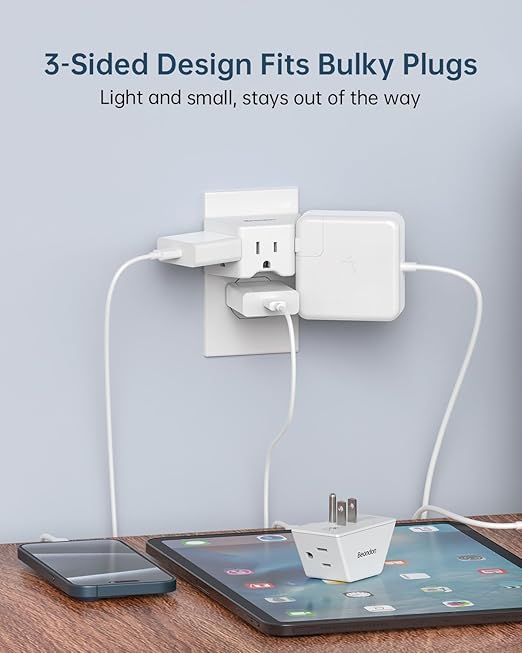 BEONDON Small Angled Outlet Extender, 3 Way Outlet Splitter Plug for Bathroom Kitchen Bedroom Dorm and Other Tight Spaces, White, 2 Pack