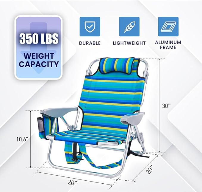 2 Pack Lightweight Portable Recliners Chair for Adults, Outdoor Lay Flat Folding Beach Chairs with 5 Positions, Backpack Beach Chair with Towel Bar, Zipper Pouch, Cup Holder, NEW Striped