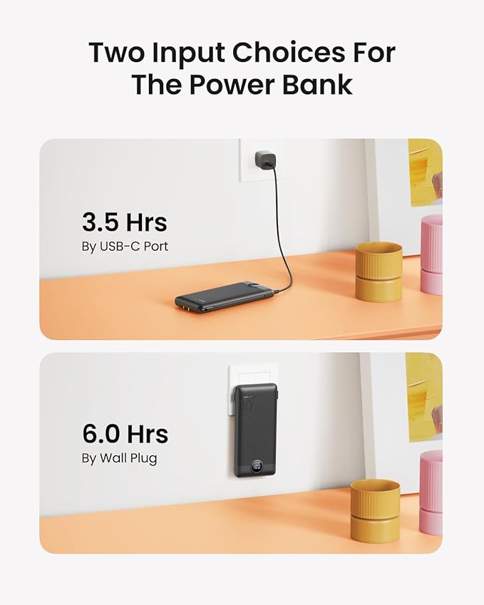 Portable Charger with Wall Plug, Slim USB C Power Bank with Built-in Cables, 10000mah LED Display External Battery Pack Compatible with iPhone/Android & More (Black)