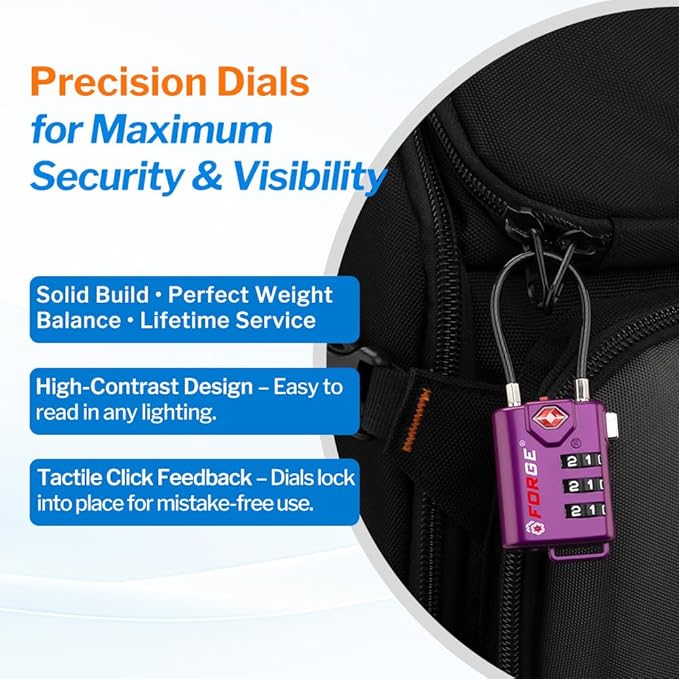 Forge TSA Approved Luggage Locks, Re-settable Combination with Alloy Body (Dark Purple 4 Locks)