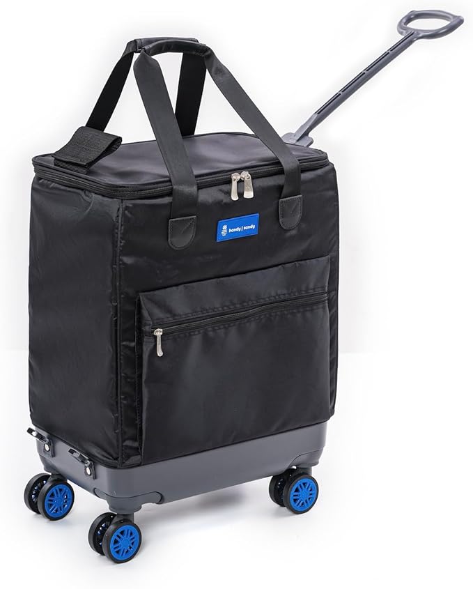 Handy Sandy Roler Bag, Fold Flat Patent Reusable Grocery Bag On Wheels, Shopping Trolley, Rolling Tote, Zipper Closure, Lightweight, Folds Flat -Blue
