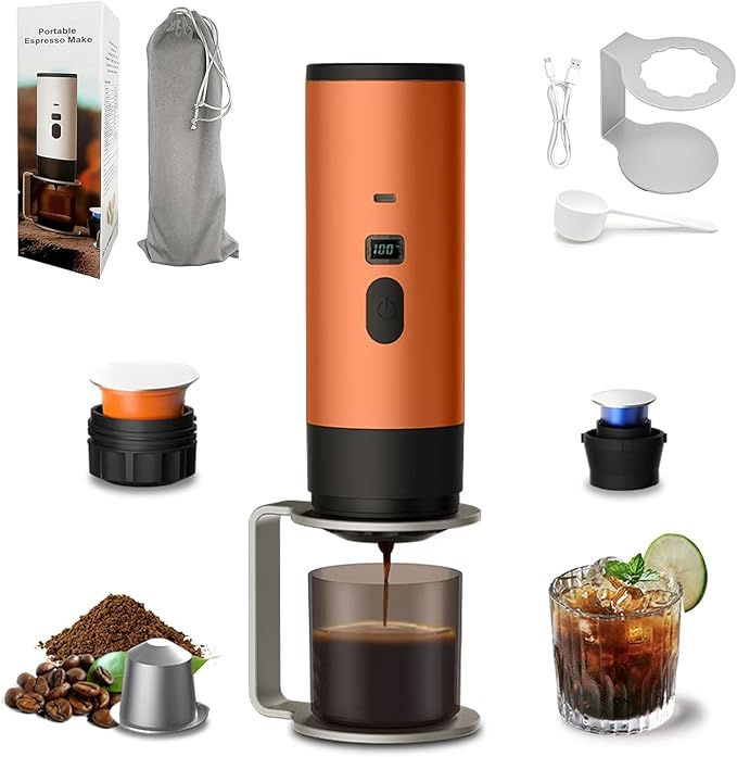 3-in-1 Portable Coffee Maker, 15 Bar Portable Espresso Machine with LED Display and 90ml Sink, Compatible with Ground Coffee & Capsules(Ns&DG) for RV, Hiking, Office, Auto-Heating, USB-C (Orange)