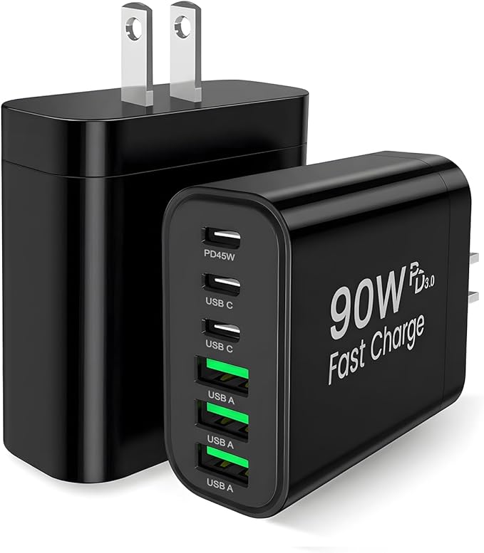 90W GaN USB C Charger Block [2 Pack],6-Port USB C Wall Charger Fast Charging 45W PD Power Adapter for MacBook Air/iPad Pro/iPhone 17Pro Max/Samsung Galaxy S24 Ultra/Tabs for Home Travel