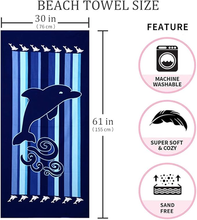 Beach Towel Microfiber Beach Towels Sand Free Quick Dry Lightweight Thin Sand Free Towels Dolphin Travel Towels for Adults Women Men Girls Kids Beach Essentials Accessories