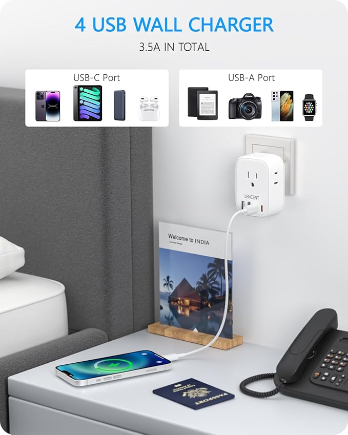 LENCENT US to India Power Plug Adapter, Indian Travel Adaptor with 4 Outlets, 4 USB Ports(2 USB C), Type D Plug Converter for USA to India Nepal Bangladesh Maldives Pakistan, Safe Grounded