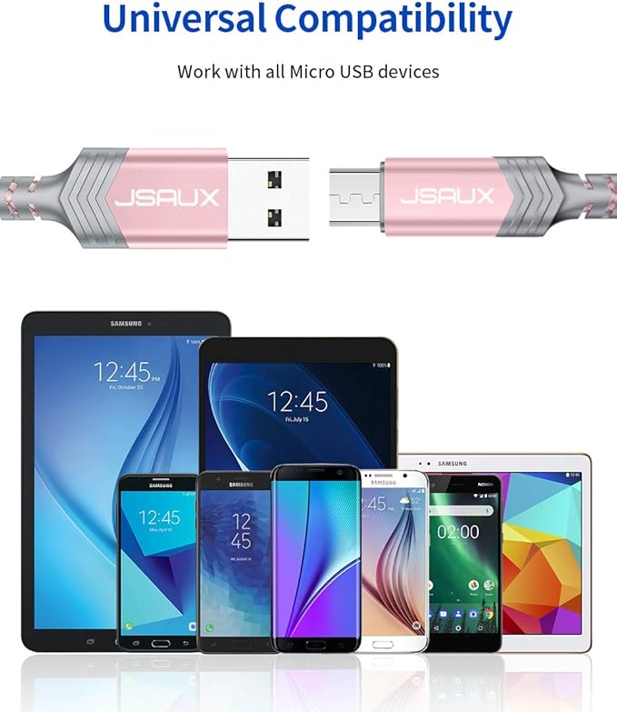 JSAUX (2-Pack 6.6FT) Micro USB Android Charger Cable Nylon Braided Cord Compatible with Galaxy S7 S6 J7 Edge Note 5, Kindle. MP3 and More-Pink