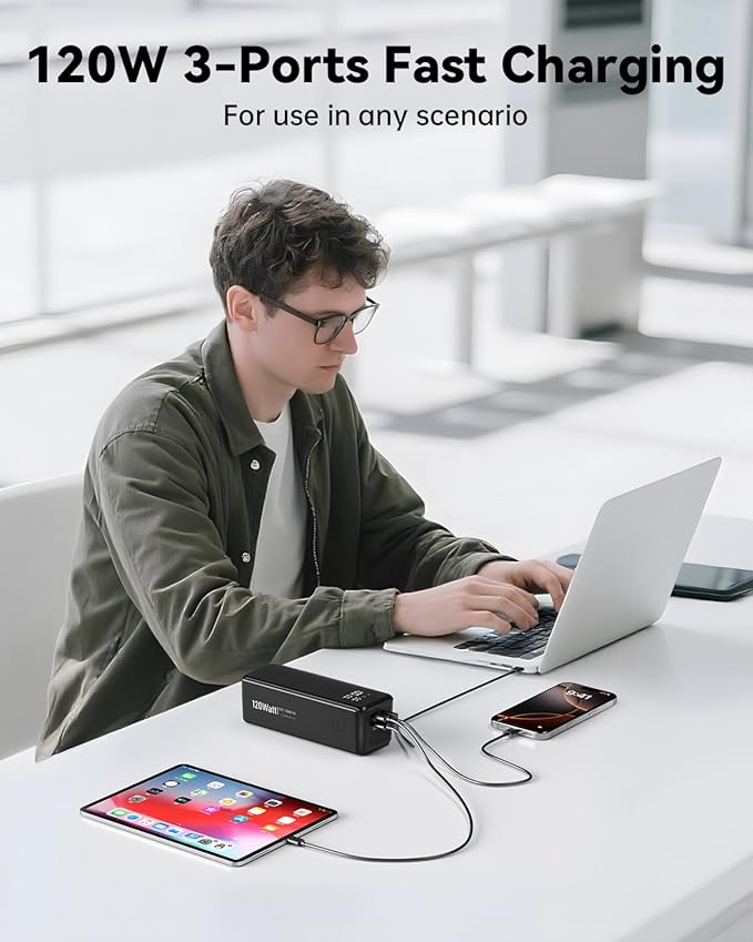 27000mAh 120W Fast Charging Power Bank, High Capacity 3-Port Laptop Portable Charger with Smart Display, Compatible with iPhone 16/15/14, Vision Pro, Samsung, MacBook & More