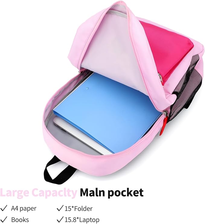 Backpack Set for Girls Boy Kids Backpack with Lunch Box for Elementary Primary Kindergarten School Bag (Purple Pink Set, Large)