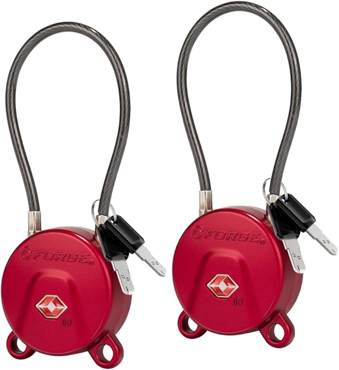 FORGE TSA Approved Luggage Locks Keyed Alike, TSA006 Dimple Key Cable Locks for Luggage, All Metal Zinc Alloy Travel Padlock for Suitcase, Backpack, and More, 2 Locks Red.