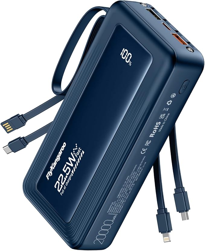 Portable Charger with Built-in Cables, 20000mAh Slim 22.5W Fast Charging Power Bank with LED Display, USB C Battery Pack 6 Outputs & 2 Inputs, Travel Essential Charger for iPhone, Samsung, Google etc
