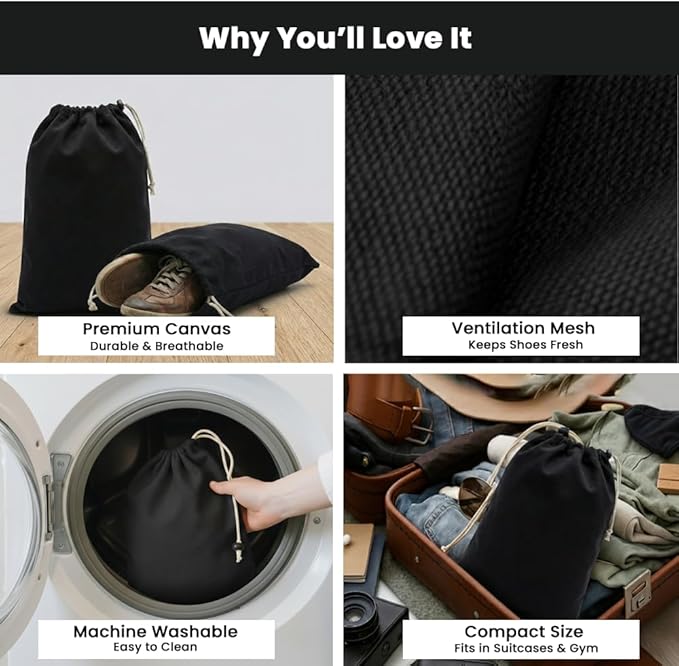 LFH Cotton Rich Shoe Storage Bags with Drawstring, Dustproof Breathable Reusable Organizer, Perfect For Travel, Dorm, Hotel, College, Gym, Machine Washable 12"x17" (Pack of 4) - Black sand