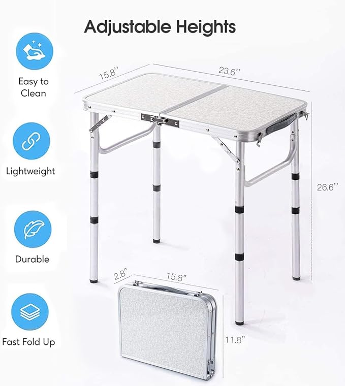 YUFIFAIRY Folding Table Small, 24''L x16''W Camp Aluminum Table with Adjustable Height Legs, Indoor Outdoor Lightweight Portable Folding Aluminum Dining Table for Picnic Camping 2-Feet（10"/19"/27）