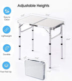 YUFIFAIRY Folding Table Small, 24''L x16''W Camp Aluminum Table with Adjustable Height Legs, Indoor Outdoor Lightweight Portable Folding Aluminum Dining Table for Picnic Camping 2-Feet（10"/19"/27）