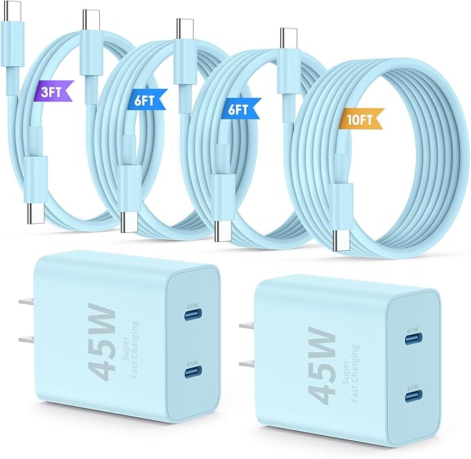 QZIIW Super Fast Samsung Charger Type C,45W Dual Port USB C Fast Charger Block [2-Pack] & Extra Long 60W 3/6/6/10FT USB C Cable - PD Quick Charging 3.0 for Samsung Galaxy S25 Ultra/S24+/S23 iPhone 16