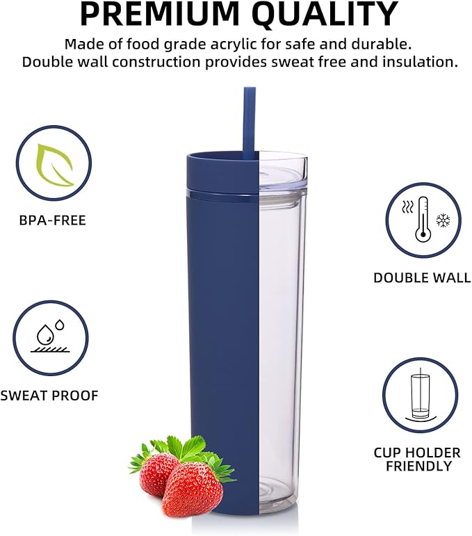 Volhoply 20oz Tumbler with Lid and Straw 8 Pack,Double Wall Plastic Skinny Tumblers Bulk,Reusable Travel Cute Coffee Mug,BPA Free Matte Acrylic Water Cups With Straw for Party,DIY Gifts(Navy, 8 Set)