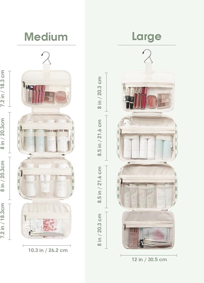 Narwey Travel Toiletry Bag for Women Large Capacity, Hanging Makeup Bag Organizer Toiletries Bag for Full Size Essentials, Accessories, Brushes, Cosmetics (Mint Green Checkerboard (Large))